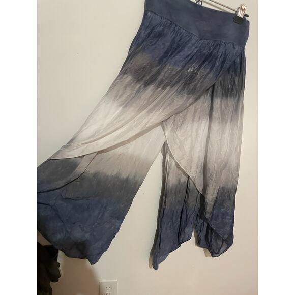 Made In Italy Silky Blue/Gray Dip Dye Palazzo Wrap Pants Soft Stretchy Waist￼ - Picture 4 of 7